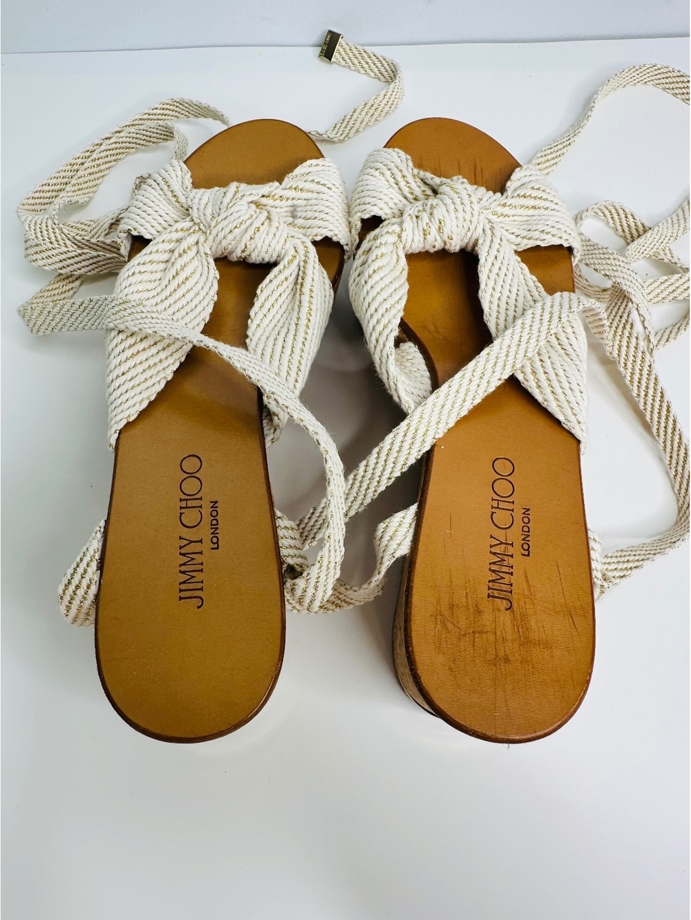 Jimmy Choo Cork Wedge Sandals Size 35 Ivory Gold Bow Lace Up Made Spain - Picture 7 of 9